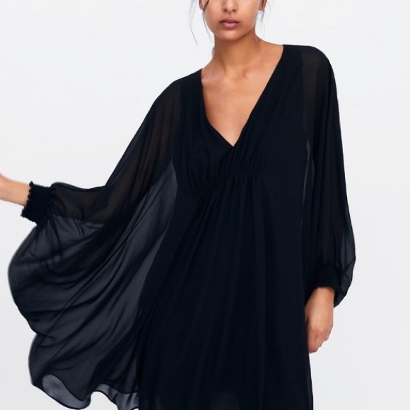 Zara black gathered cape dress - Picture 2 of 5